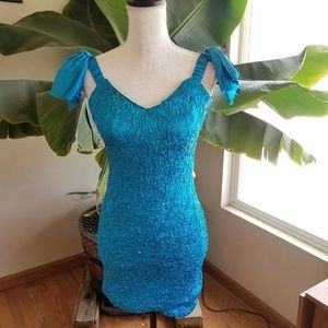 Vtg 80s Womans 5/6 Teal Satin Prom Dress Zum Zum